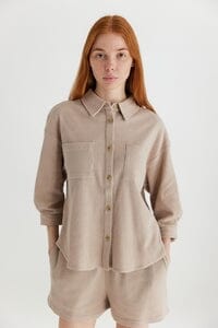 WOMEN'S 3/4 SLEEVE BUTTON UP FRONT POCKETS WAFFLE TOP