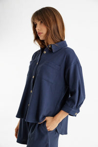 WOMEN'S 3/4 SLEEVE BUTTON UP FRONT POCKETS WAFFLE TOP