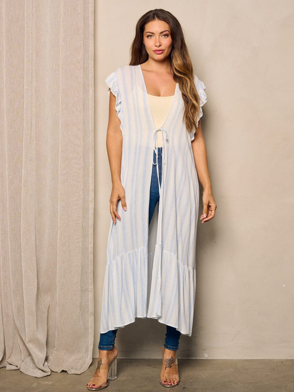 WOMEN'S SLEEVES RUFFLE TIERED OPEN FRONT KIMONO