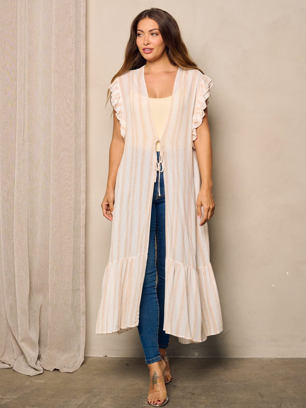 WOMEN'S SLEEVES RUFFLE TIERED OPEN FRONT KIMONO