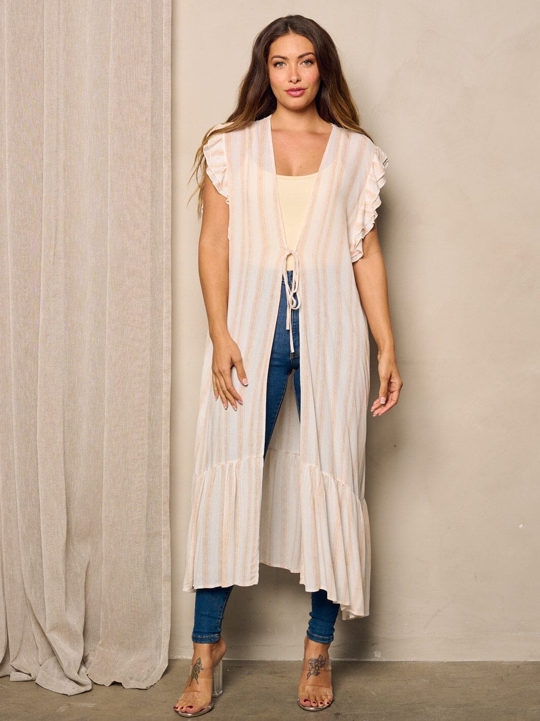 WOMEN'S SLEEVES RUFFLE TIERED OPEN FRONT KIMONO