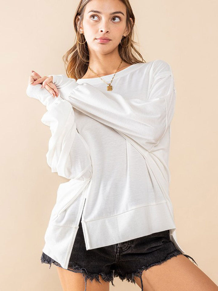 WOMEN'S LONG SLEEVE SOLID HIGH-LOW TOP