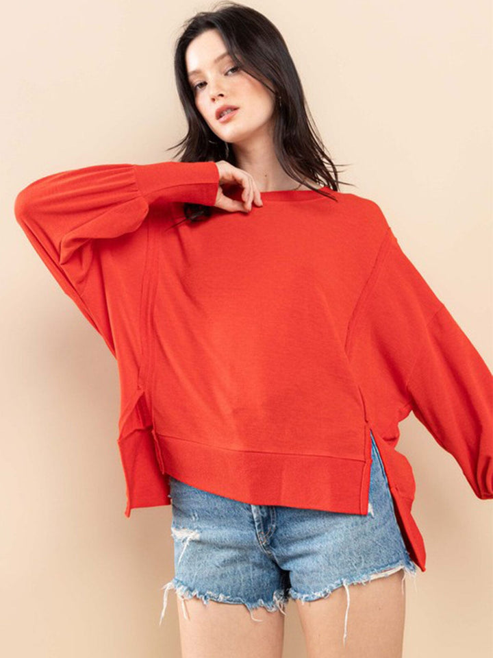 WOMEN'S LONG SLEEVE SOLID HIGH-LOW TOP