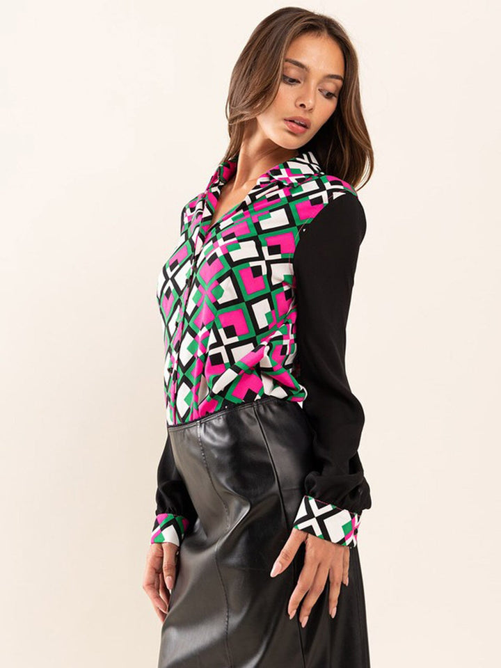 WOMEN'S LONG MESH SLEEVE BUTTON UP MULTI PRINT BLOUSE TOP