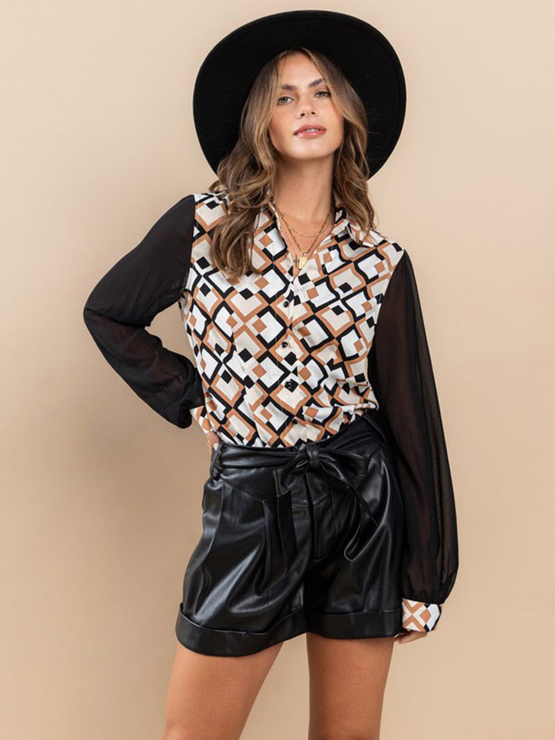 WOMEN'S LONG MESH SLEEVE BUTTON UP MULTI PRINT BLOUSE TOP