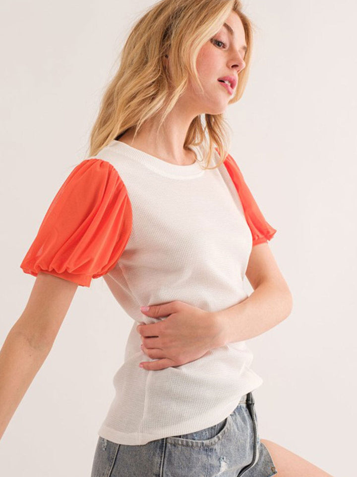 WOMEN'S SHORT PUFF SLEEVE RIBBED COLORBLOCK TOP