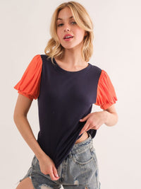 WOMEN'S SHORT PUFF SLEEVE RIBBED COLORBLOCK TOP