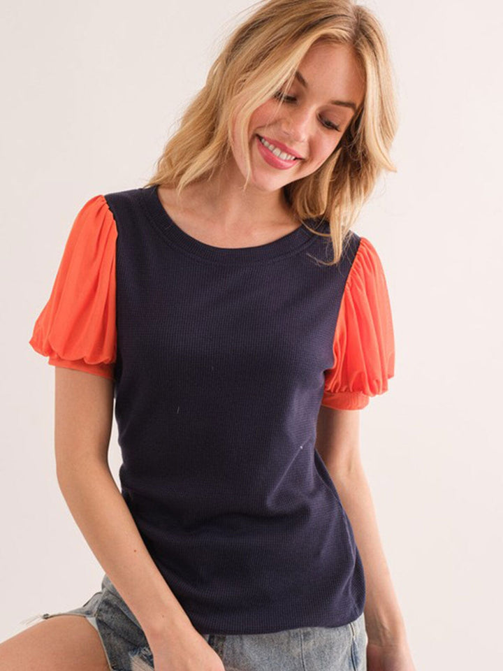 WOMEN'S SHORT PUFF SLEEVE RIBBED COLORBLOCK TOP