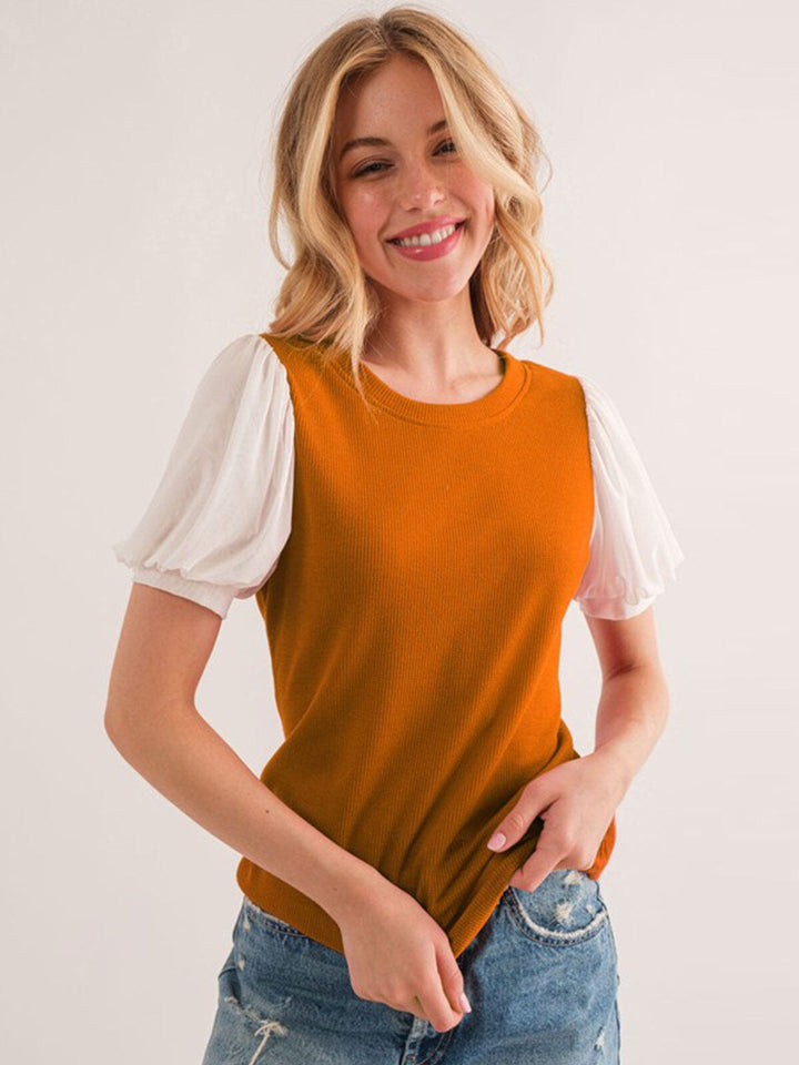 WOMEN'S SHORT PUFF SLEEVE RIBBED COLORBLOCK TOP