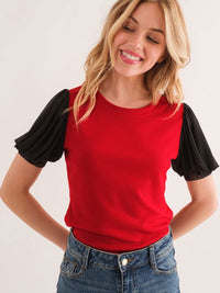 WOMEN'S SHORT PUFF SLEEVE RIBBED COLORBLOCK TOP