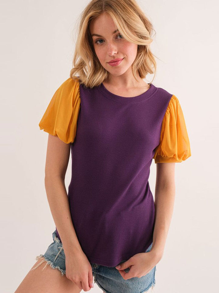 WOMEN'S SHORT PUFF SLEEVE RIBBED COLORBLOCK TOP
