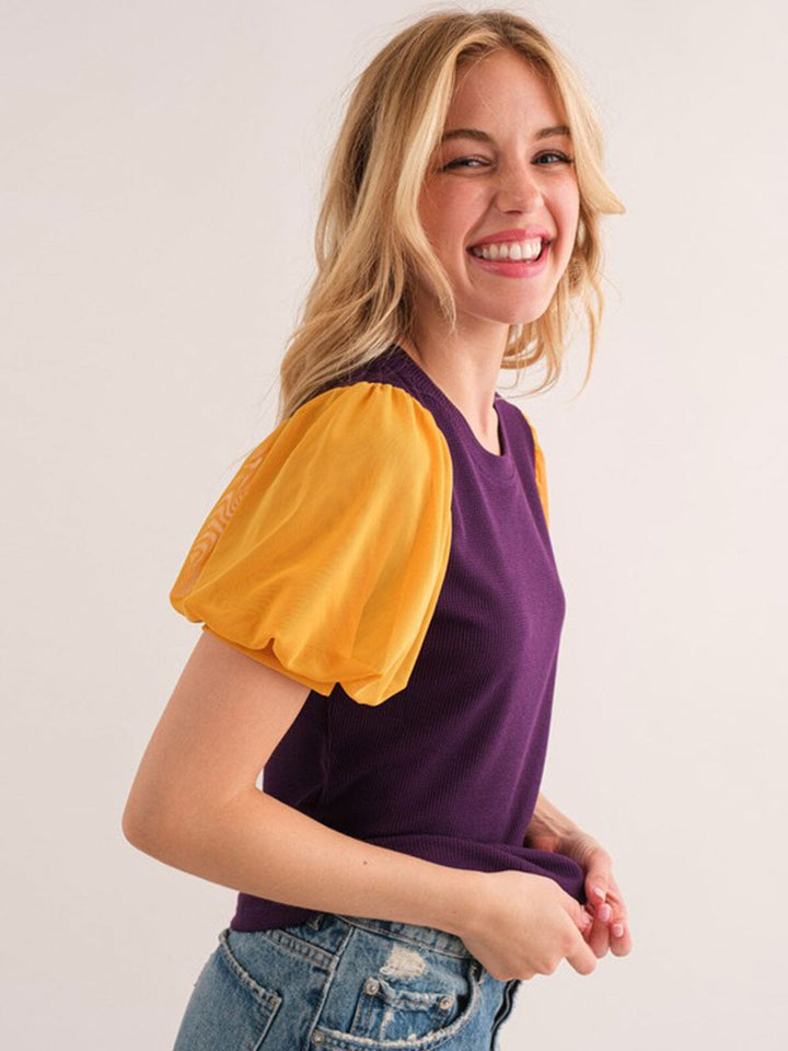 WOMEN'S SHORT PUFF SLEEVE RIBBED COLORBLOCK TOP