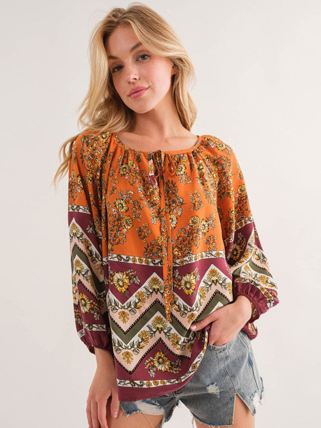 WOMEN'S LONG SLEEVE V-NECK MULTI PRINT TUNIC BLOUSE