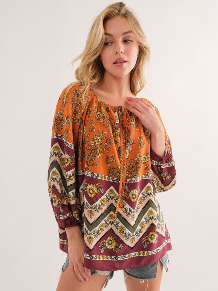WOMEN'S LONG SLEEVE V-NECK MULTI PRINT TUNIC BLOUSE