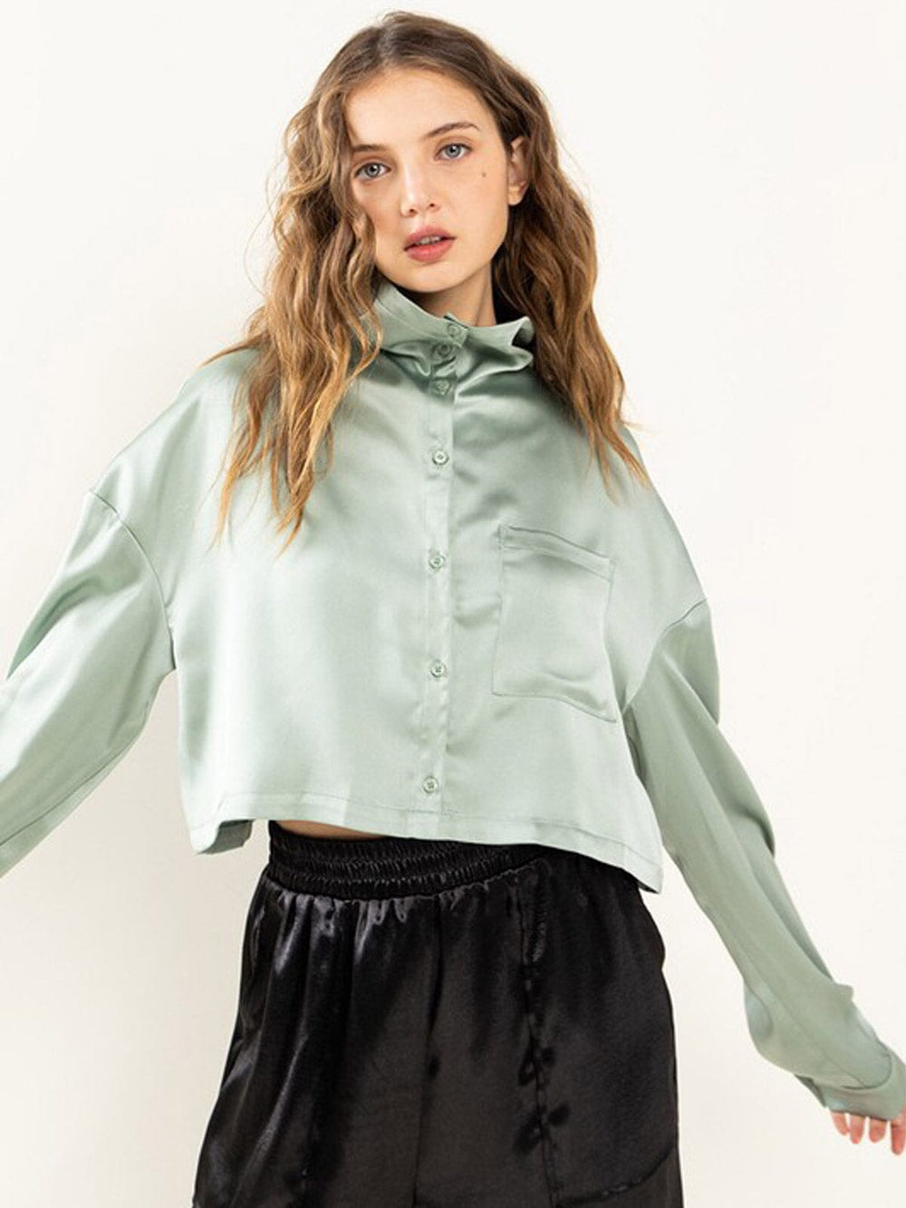 WOMEN'S LONG SLEEVE BUTTON UP SATIN BLOUSE TOP
