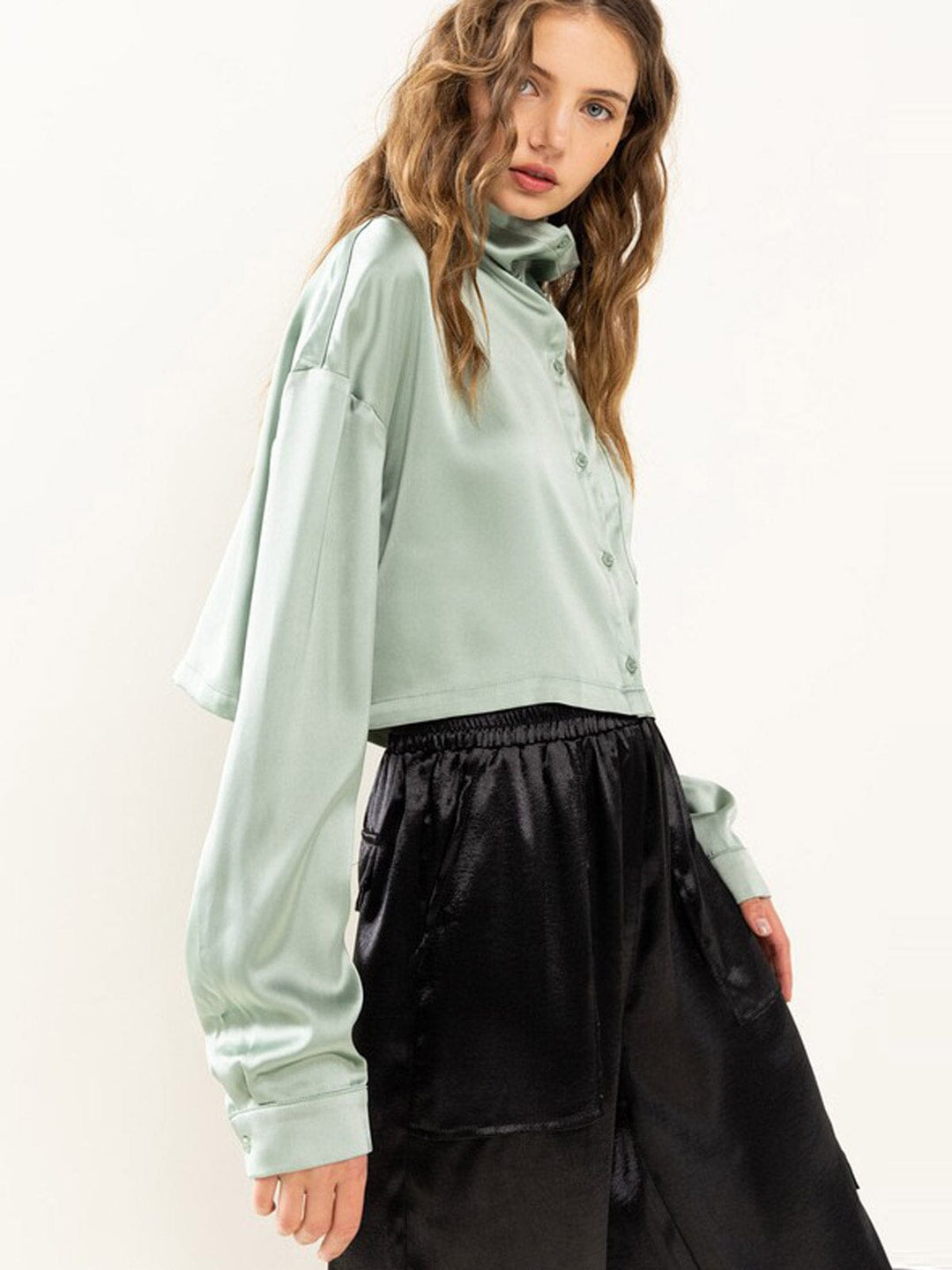 WOMEN'S LONG SLEEVE BUTTON UP SATIN BLOUSE TOP