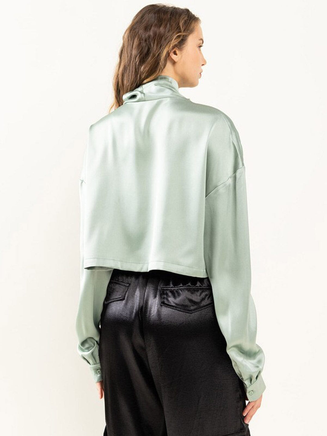 WOMEN'S LONG SLEEVE BUTTON UP SATIN BLOUSE TOP