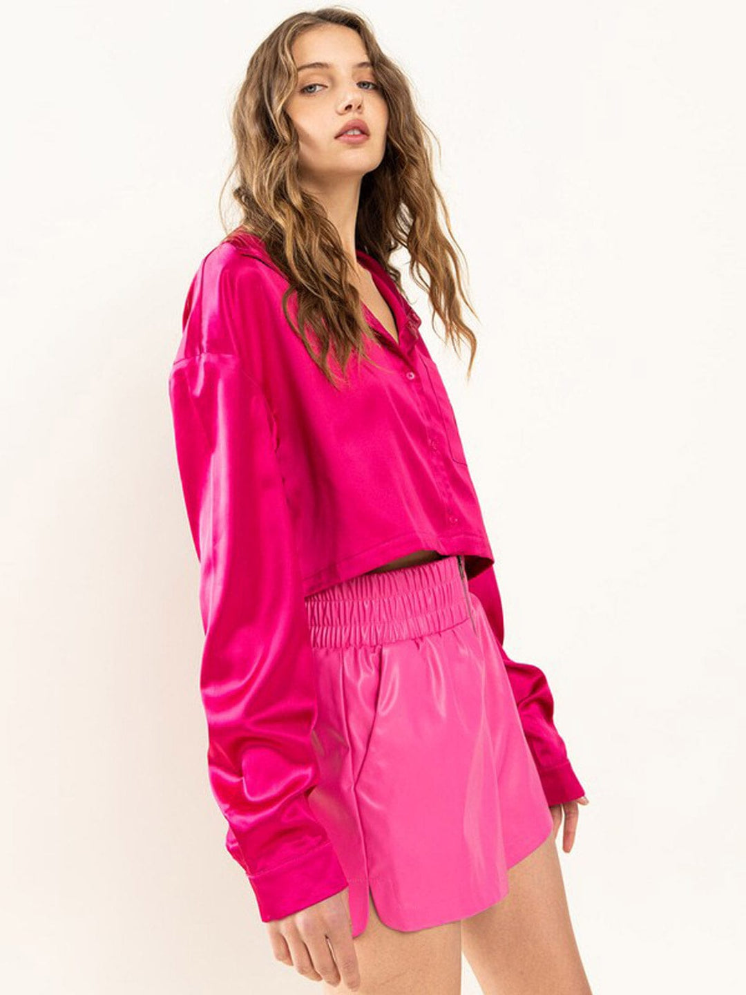 WOMEN'S LONG SLEEVE BUTTON UP SATIN BLOUSE TOP