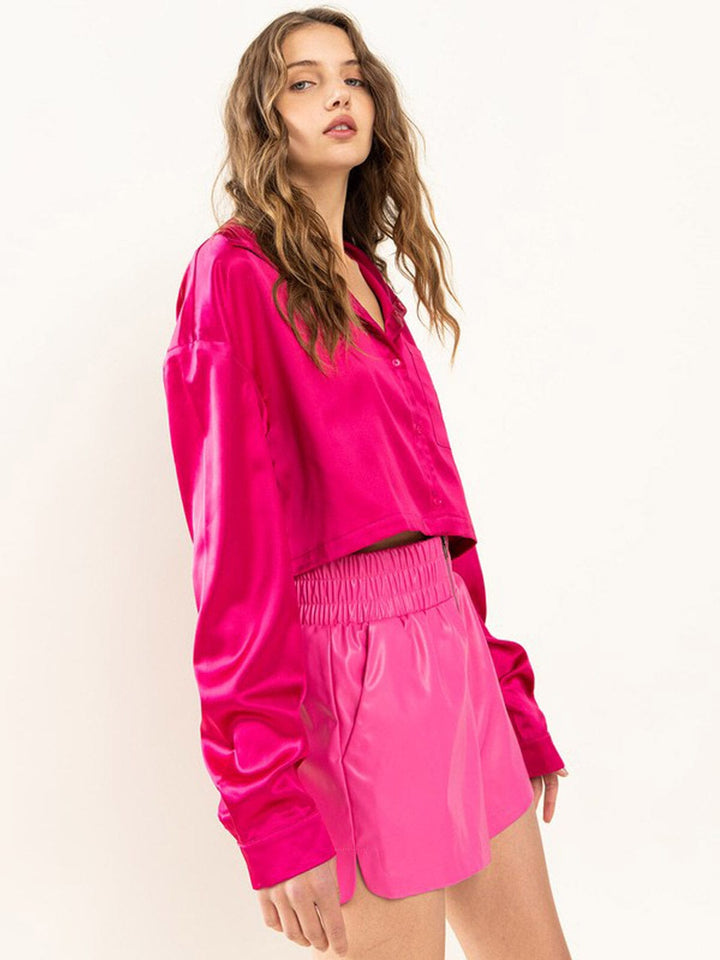 WOMEN'S LONG SLEEVE BUTTON UP SATIN BLOUSE TOP