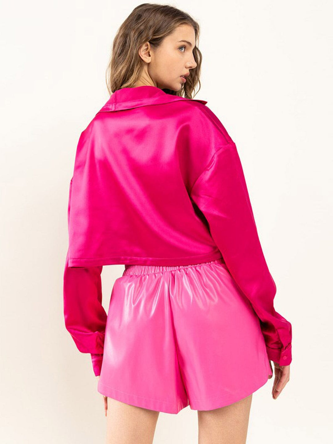 WOMEN'S LONG SLEEVE BUTTON UP SATIN BLOUSE TOP