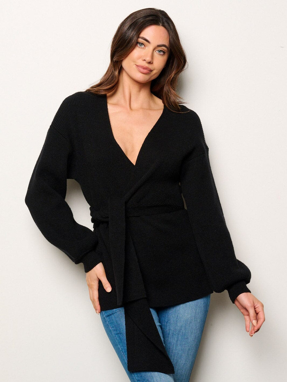 WOMEN'S LONG SLEEVE SURPLICE RIBBED TOP