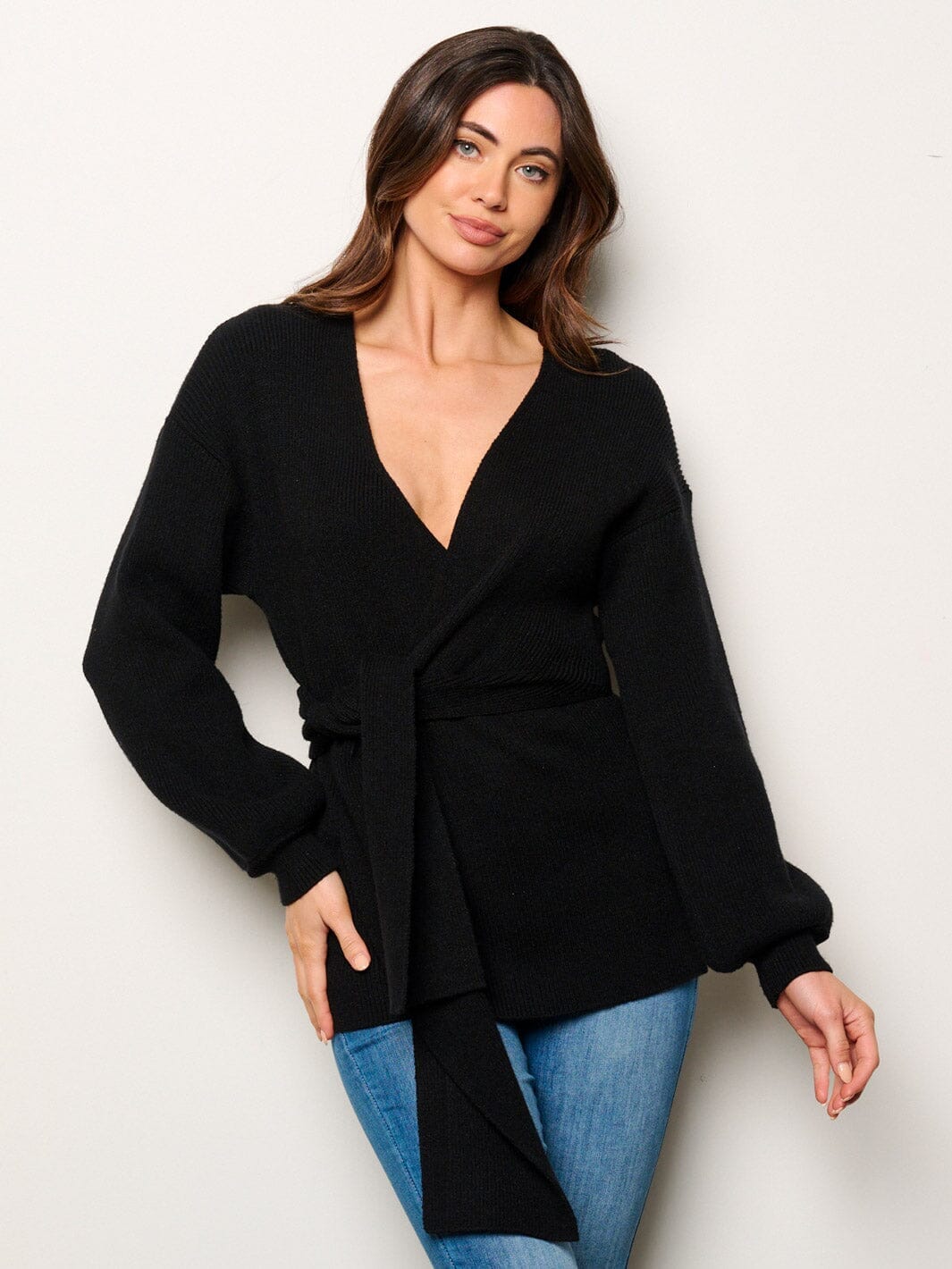 WOMEN'S LONG SLEEVE SURPLICE RIBBED TOP