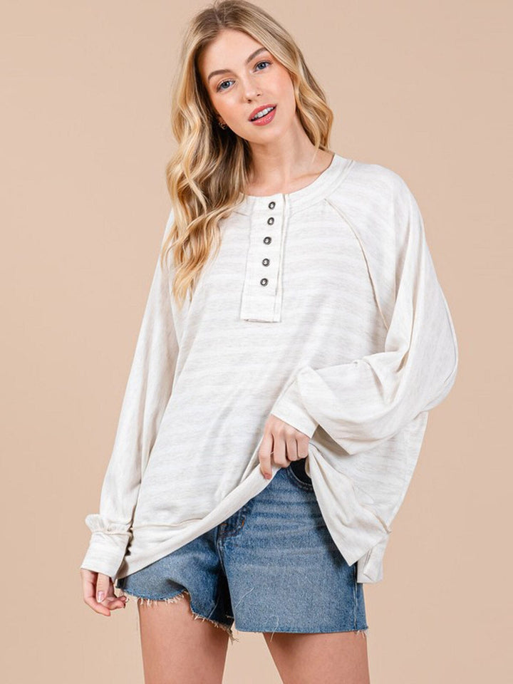 WOMEN'S LONG SLEEVE BUTTON UP STRIPES COLORBLOCK TOP