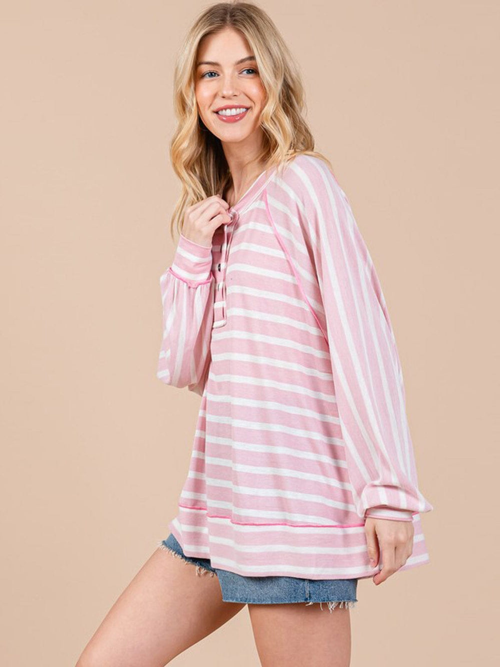 WOMEN'S LONG SLEEVE BUTTON UP STRIPES COLORBLOCK TOP