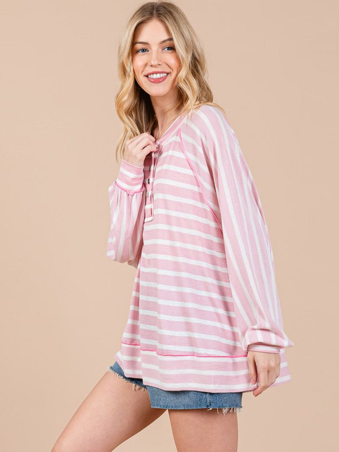 WOMEN'S LONG SLEEVE BUTTON UP STRIPES COLORBLOCK TOP