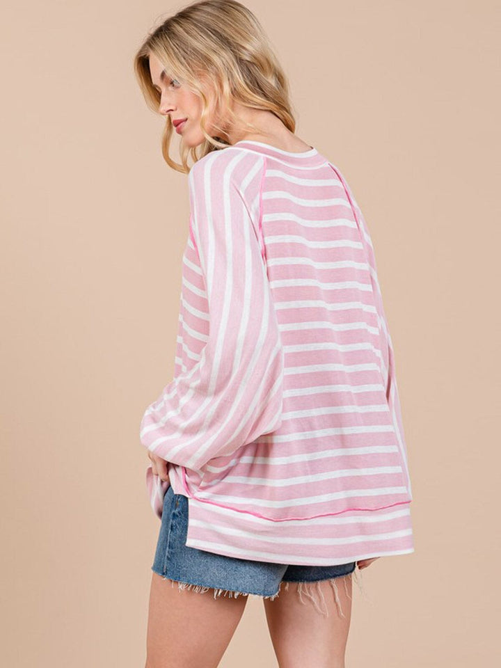WOMEN'S LONG SLEEVE BUTTON UP STRIPES COLORBLOCK TOP