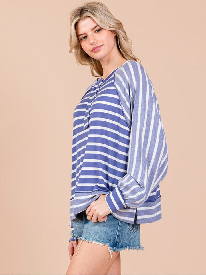 WOMEN'S LONG SLEEVE BUTTON UP STRIPES COLORBLOCK TOP