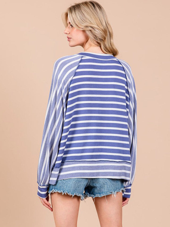 WOMEN'S LONG SLEEVE BUTTON UP STRIPES COLORBLOCK TOP