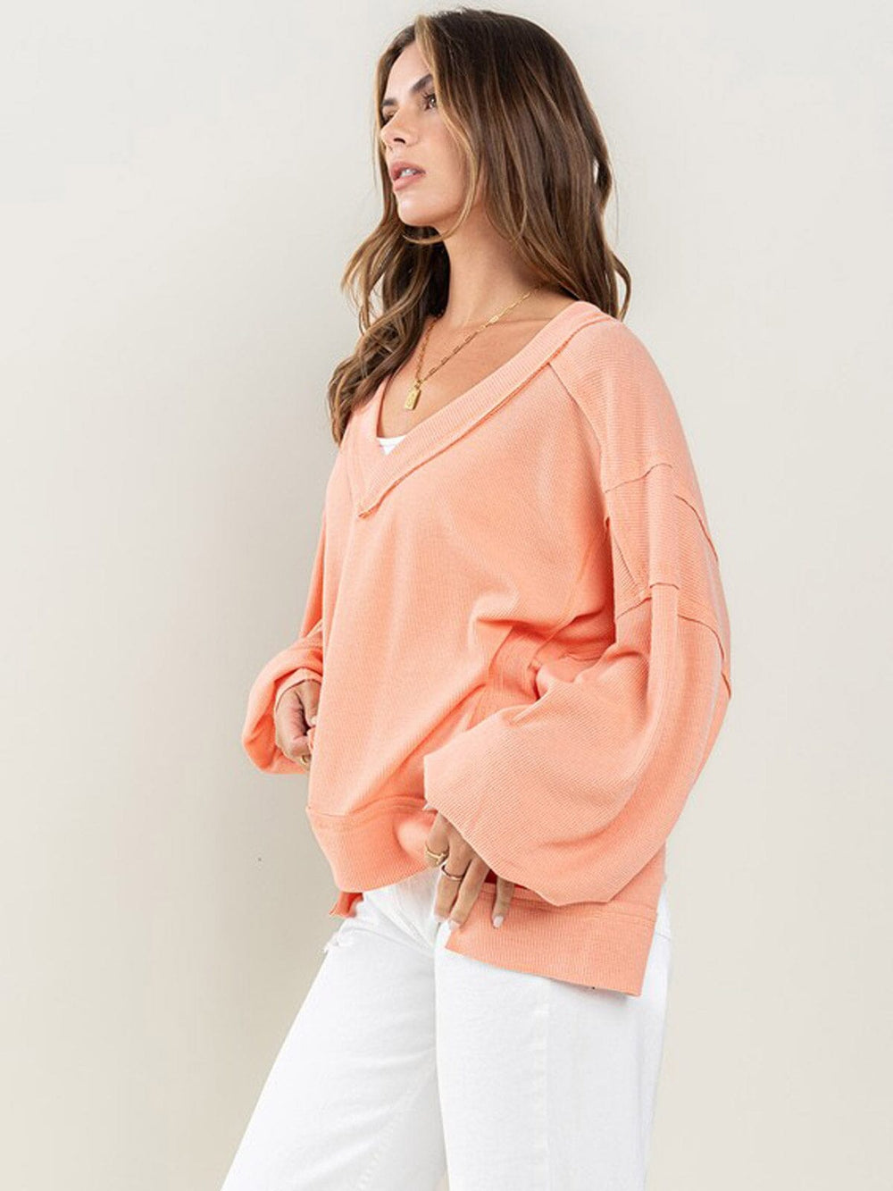 WOMEN'S LONG SLEEVE V-NECK WAFFLE TUNIC TOP