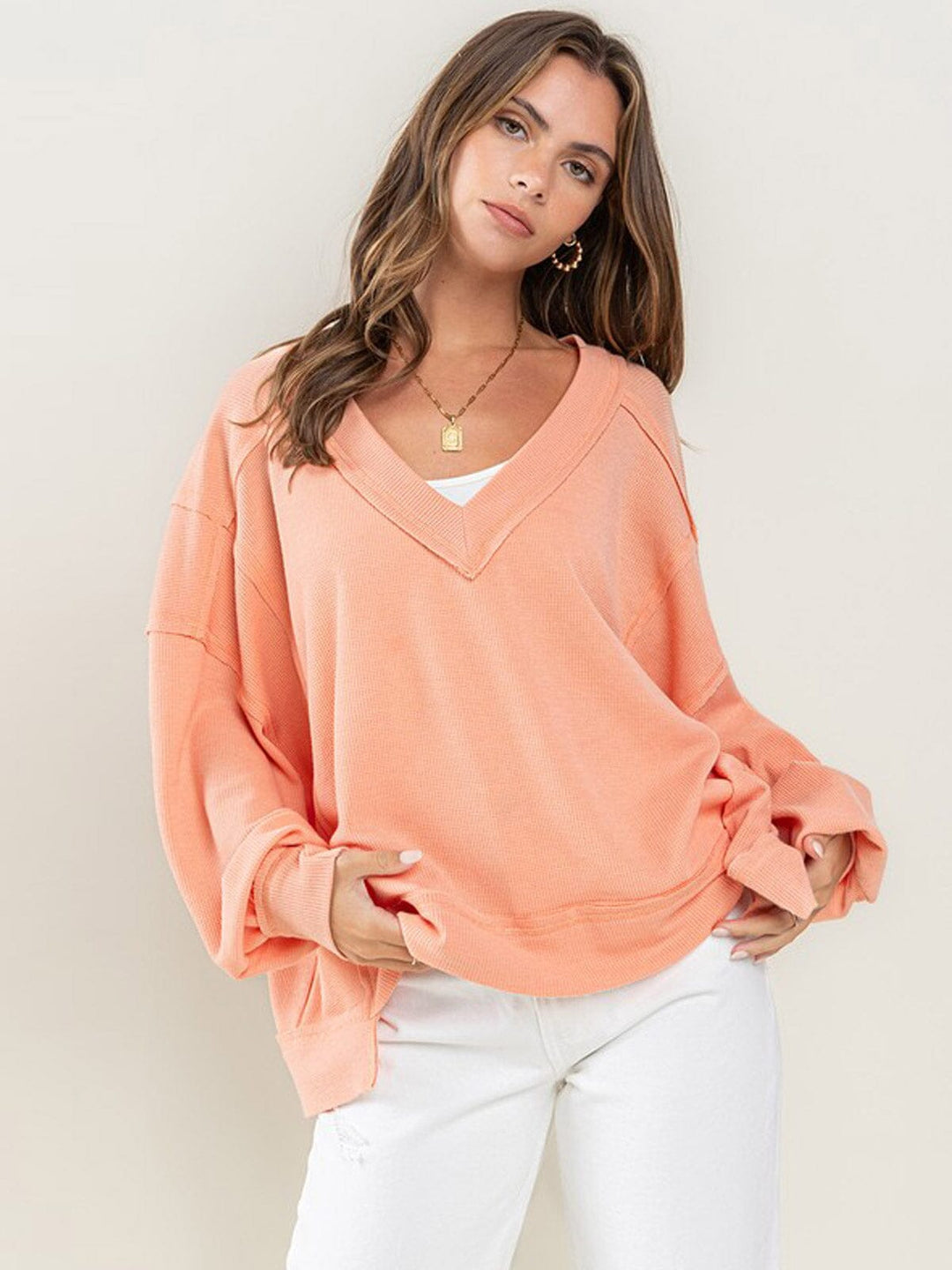 WOMEN'S LONG SLEEVE V-NECK WAFFLE TUNIC TOP