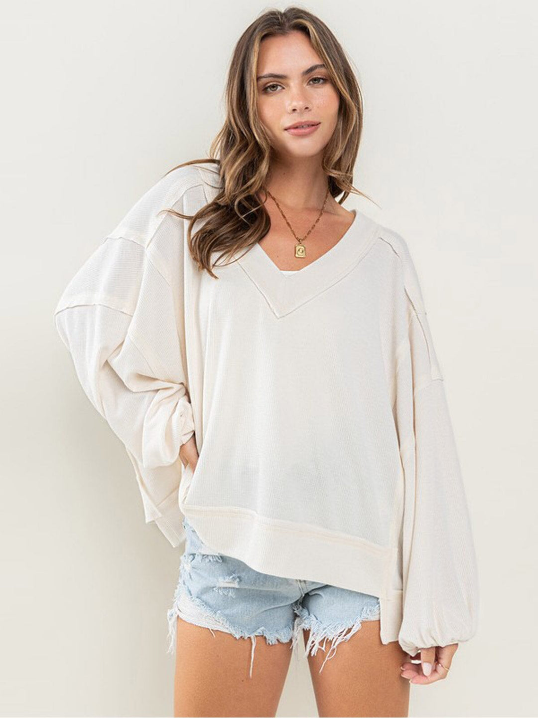 WOMEN'S LONG SLEEVE V-NECK WAFFLE TUNIC TOP