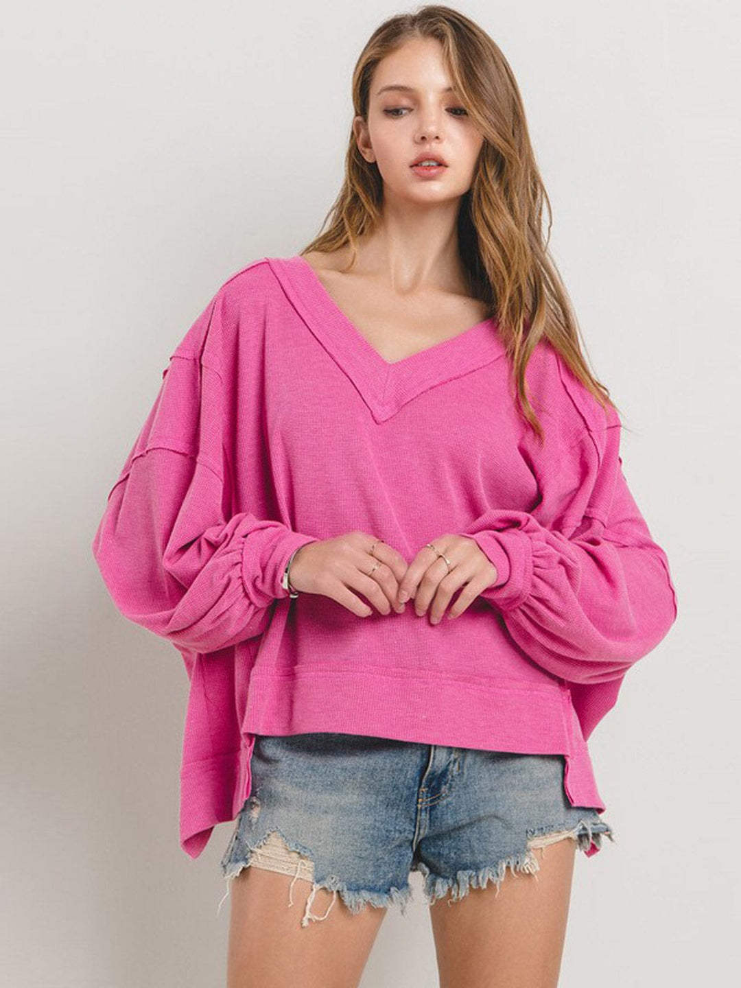 WOMEN'S LONG SLEEVE V-NECK WAFFLE TUNIC TOP