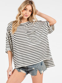WOMEN'S SHORT SLEEVE HIGH-LOW FRINT POCKET COLORBLOCK STRIPES OVERSIZED TOP
