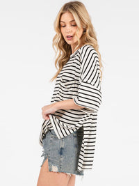 WOMEN'S SHORT SLEEVE HIGH-LOW FRINT POCKET COLORBLOCK STRIPES OVERSIZED TOP