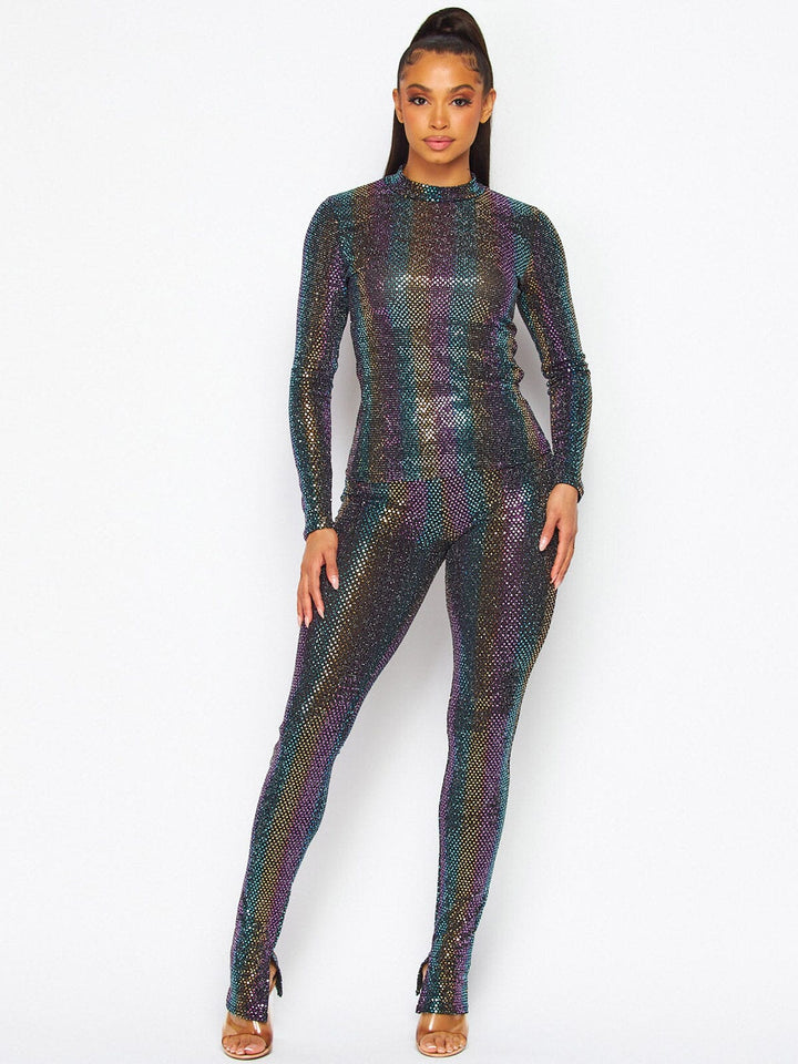 WOMEN'S LONG SLEEVE TOP & ELASTIC WAIST PANTS MULTI SEQUINS 2PC. SET