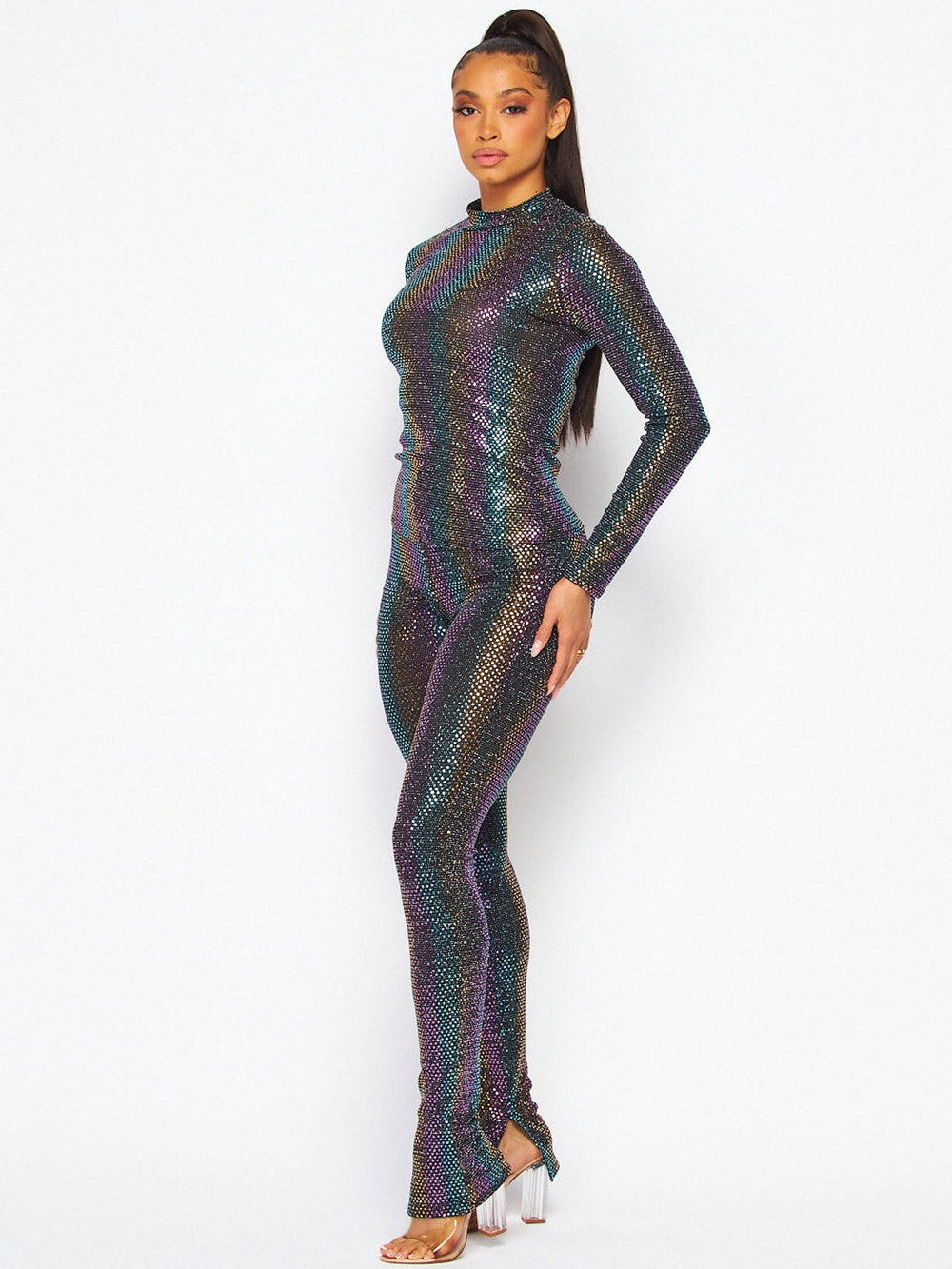 WOMEN'S LONG SLEEVE TOP & ELASTIC WAIST PANTS MULTI SEQUINS 2PC. SET