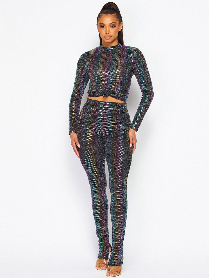 WOMEN'S LONG SLEEVE TOP & ELASTIC WAIST PANTS MULTI SEQUINS 2PC. SET