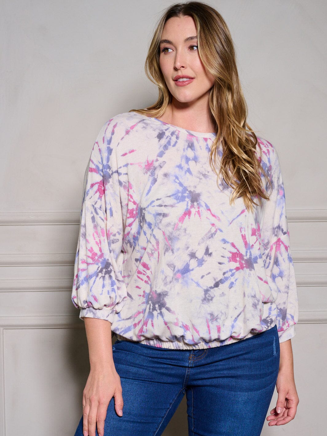 PLUS SIZE 3/4 SLEEVE TIE DYE PRINT TUNIC BLOUSE TOP