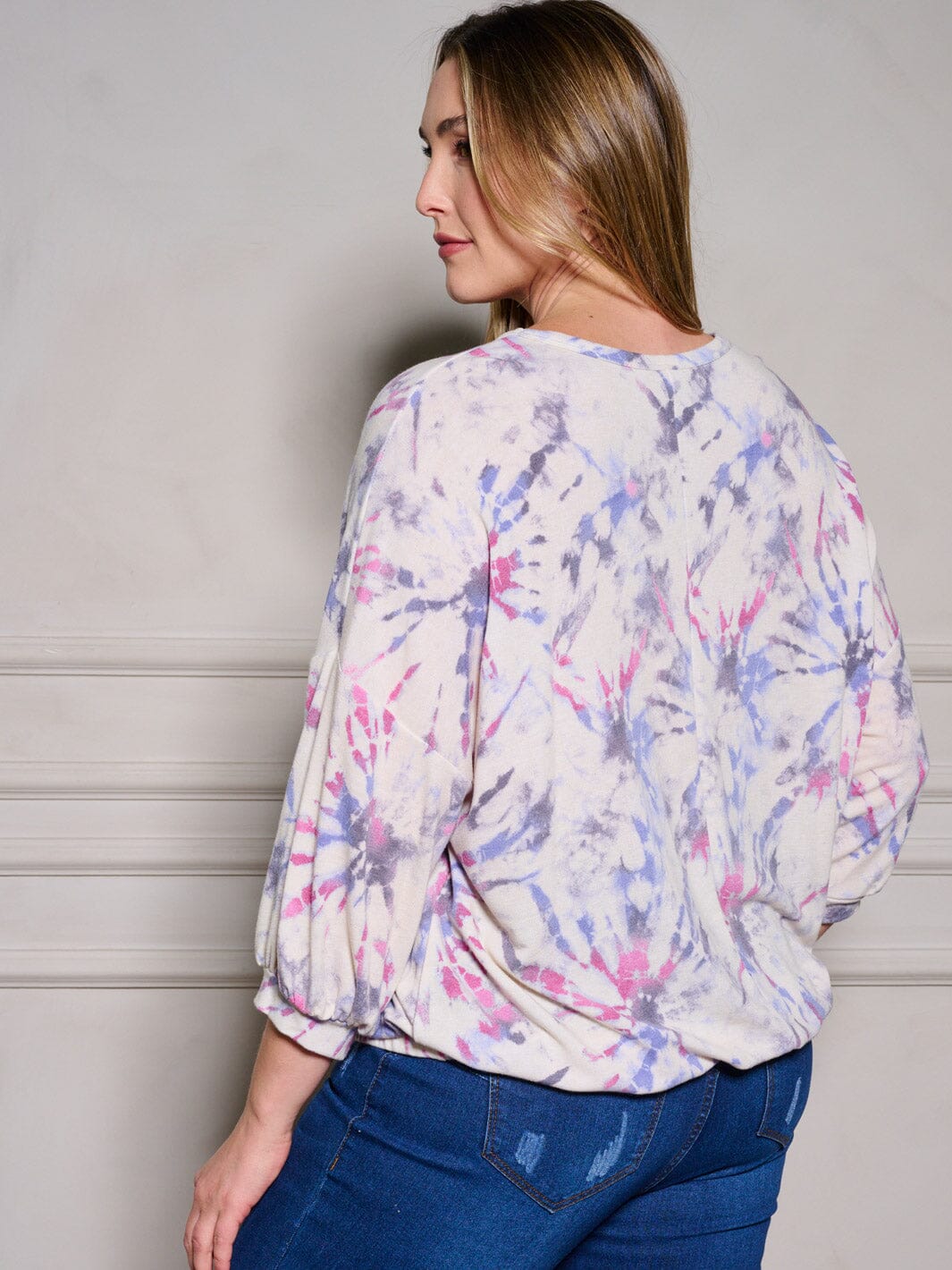 PLUS SIZE 3/4 SLEEVE TIE DYE PRINT TUNIC BLOUSE TOP