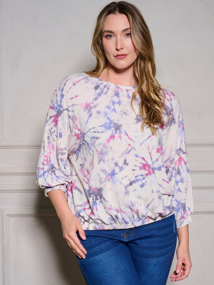 PLUS SIZE 3/4 SLEEVE TIE DYE PRINT TUNIC BLOUSE TOP