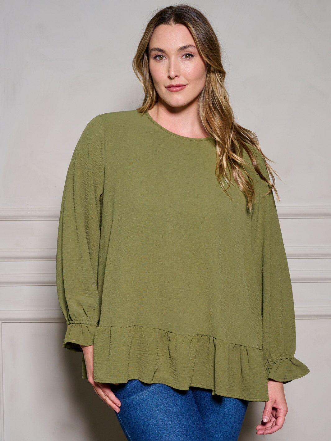PLUS SIZE LONG SLEEVE RUFFLE TUNIC BLOUSE TOP