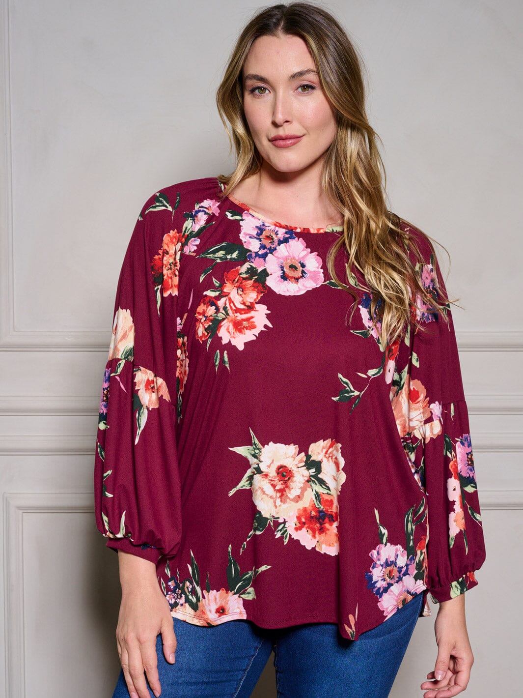 PLUS SIZE LONG SLEEVE FLORAL TUNIC BLOUSE TOP