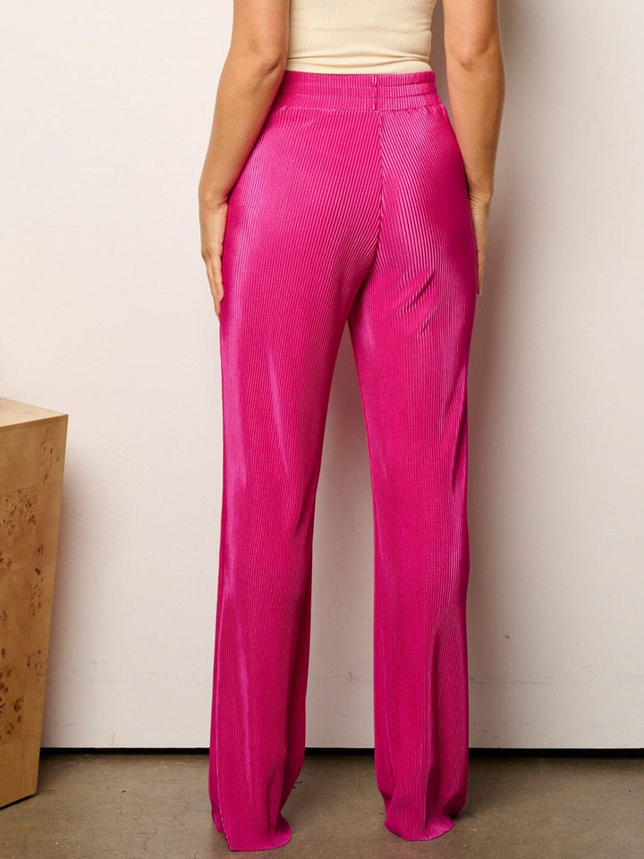 WOMEN'S ELASTIC WAIST WIDE LEG PLEATED PANTS