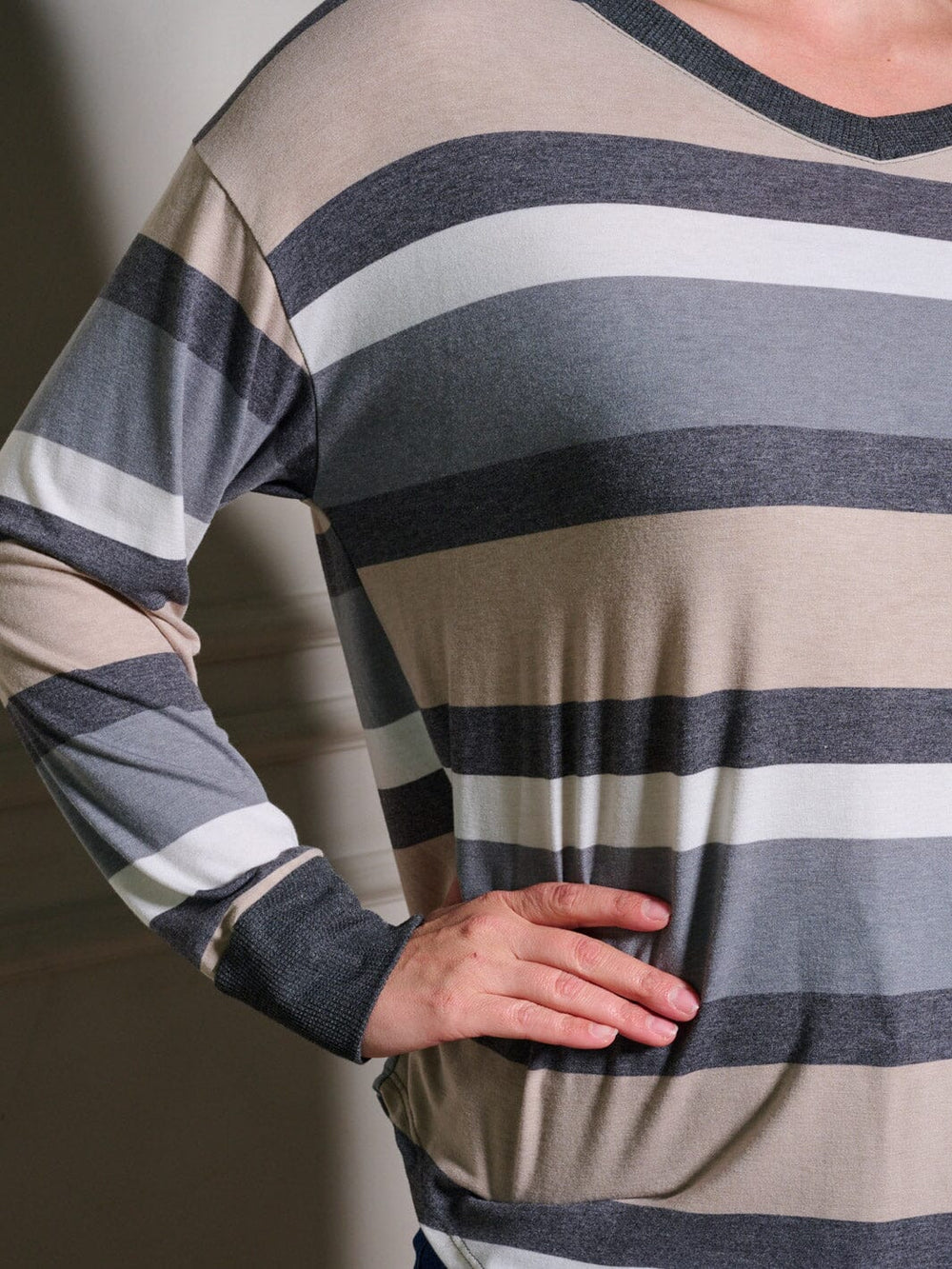 PLUS SIZE LONG SLEEVE STRIPES TUNIC BLOUSE TOP