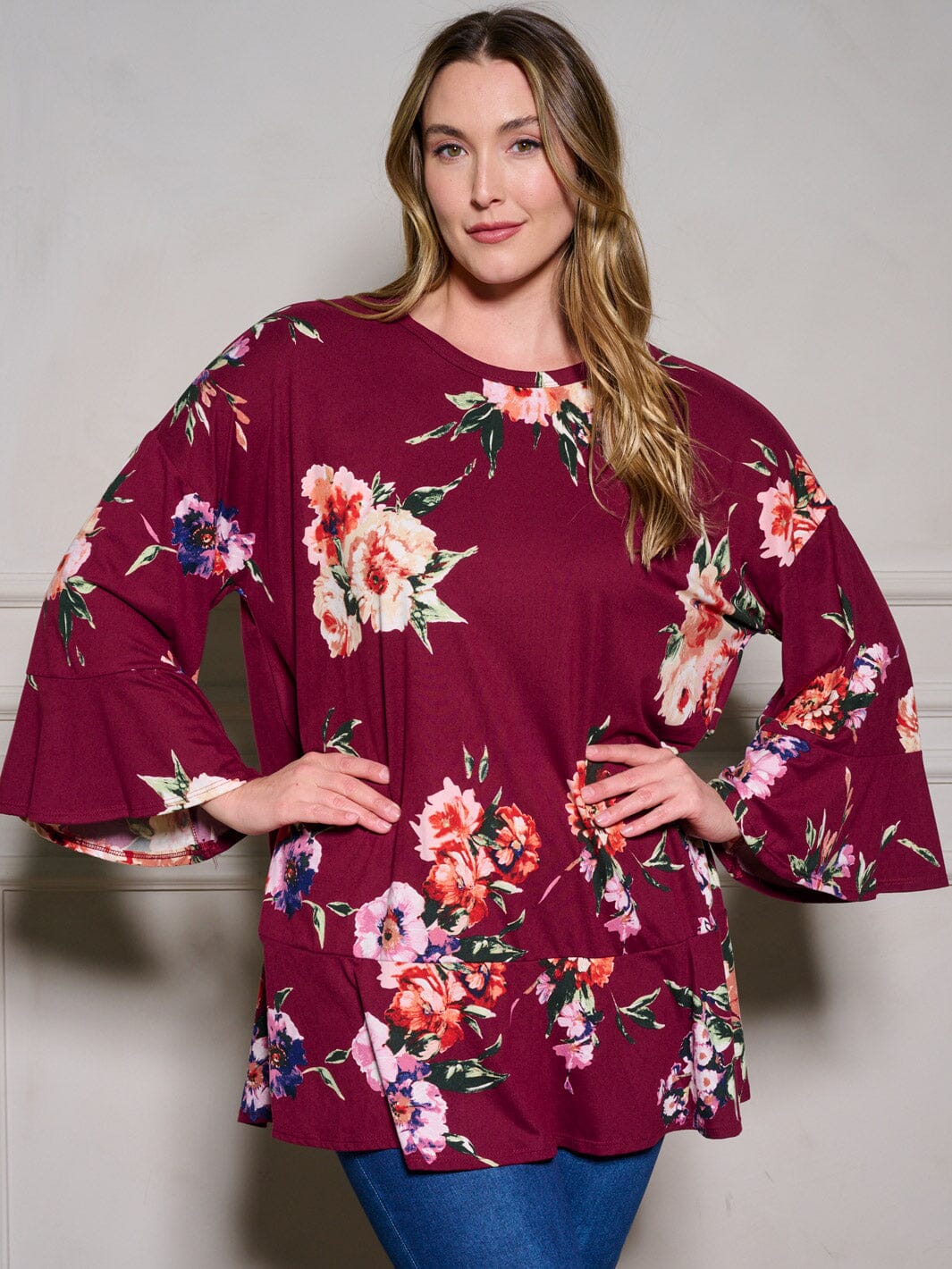PLUS SIZE LONG RUFFLE SLEEVE FLORAL TUNIC BLOUSE TOP
