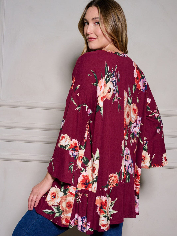 PLUS SIZE LONG RUFFLE SLEEVE FLORAL TUNIC BLOUSE TOP